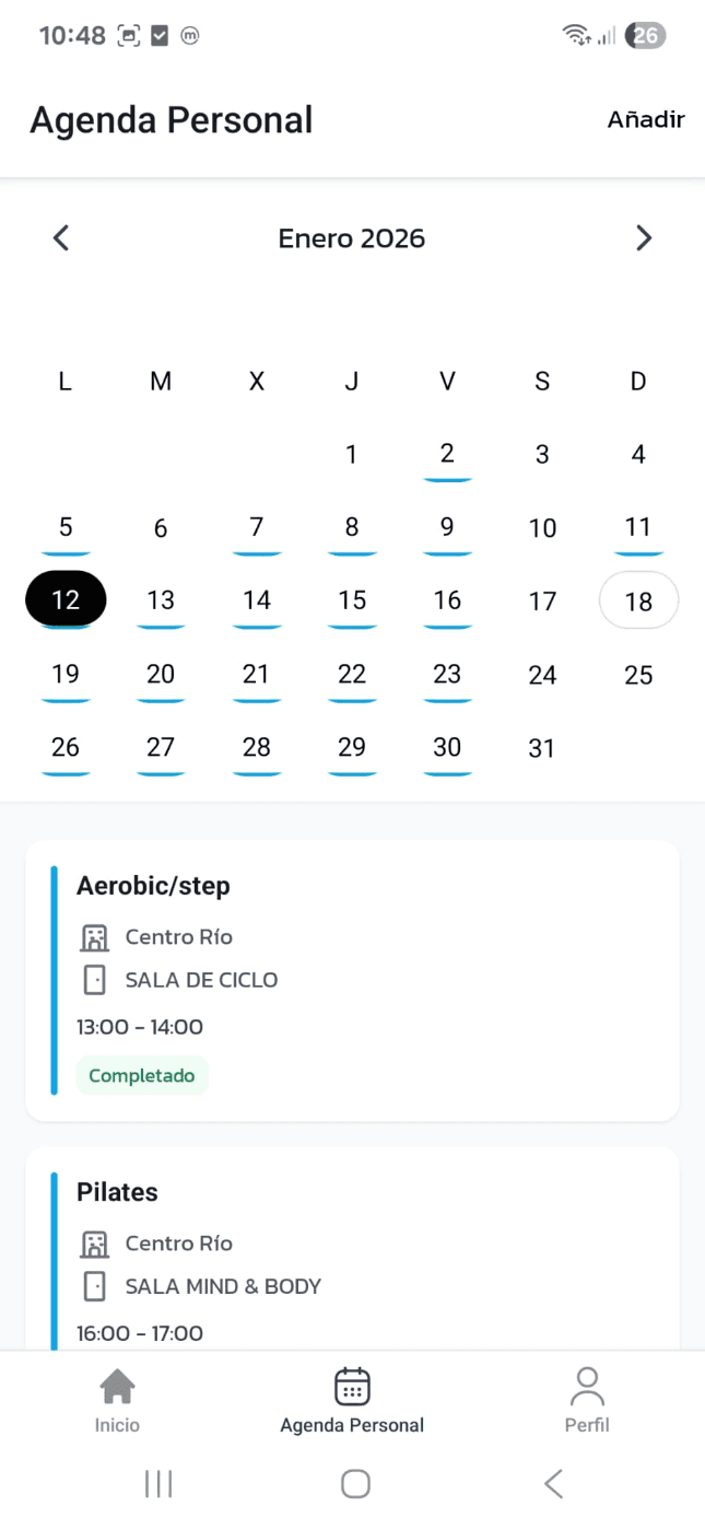 Agenda personal en la app móvil de Coordinafit