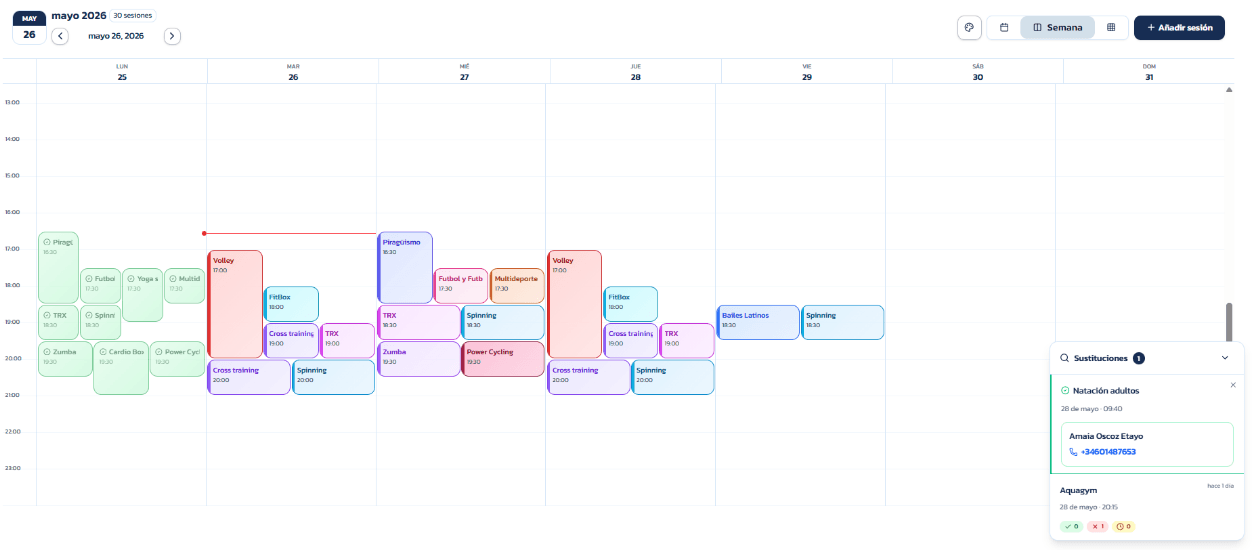 Vista semanal del calendario en Coordinafit
